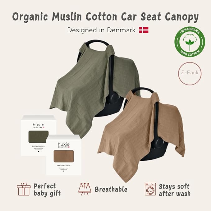 Car Seat Cover Baby - Organic Cotton - Carseat Covers Baby - Carseat Cover - Car Seat Canopy - Carseat Canopy - 100% Muslin Cotton, 43" x 32" 2-Pack (Sage Green/Natural)