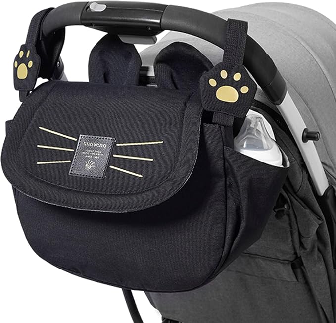 SUNVENO Kitty Stroller Organizer Bag – Universal Baby Stroller Caddy with 2 Cup Holders, Adjustable Straps, Waterproof Oxford, Lightweight Travel Accessory for Strollers, Prams & Pushchairs,Black