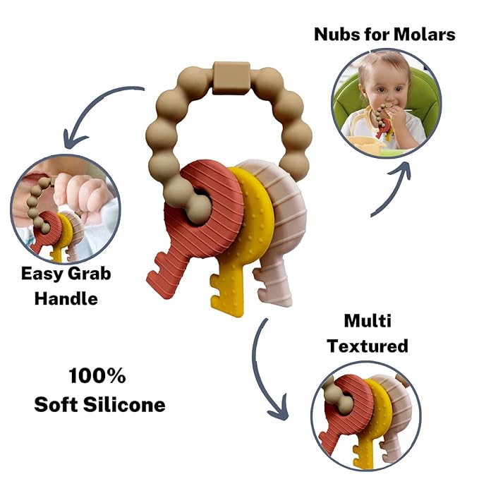 Baby Keys Teether Toys,Silicone Teething Toys for 3+ Months,Teething Keys Toy for Infants-Soft & Raised Texture to Soothe Gums,BPA Free(Brown)