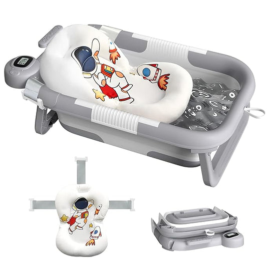 Collapsible Baby Bathtub for Newborn,Baby Tub with Soft Floating Cushion & Thermometer for Infant to Toddler,Portable Travel Bathtub with No-Slip Feet for 0-36 Months-Gray