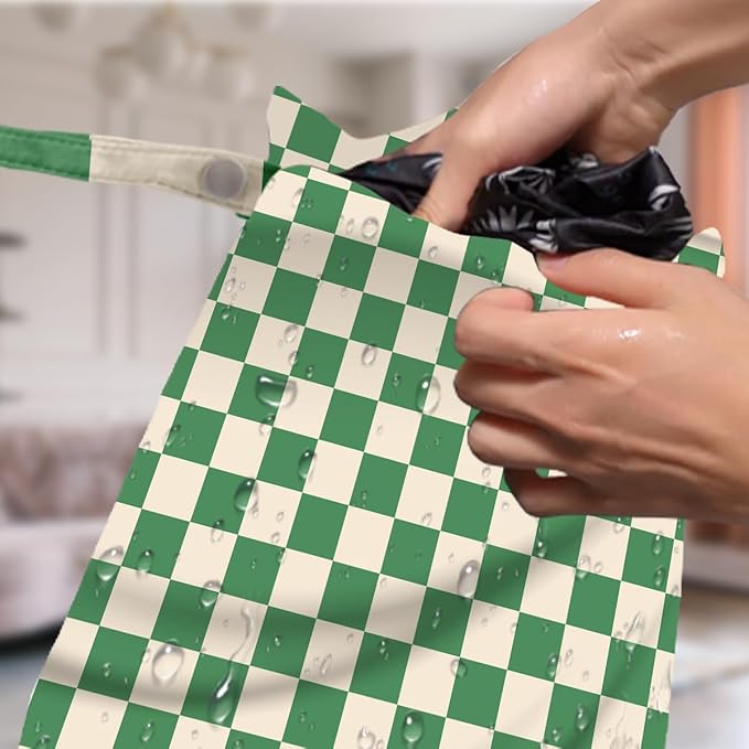 4 Pack Cute Wet Bag Waterproof Washable Reusable Wet Dry Bag for Swimsuit Clothes Cloth Diaper Travel Beach Pool Yoga Gym Christmas Party Camping Toiletries Travel Beach Essentials, Green Checkered