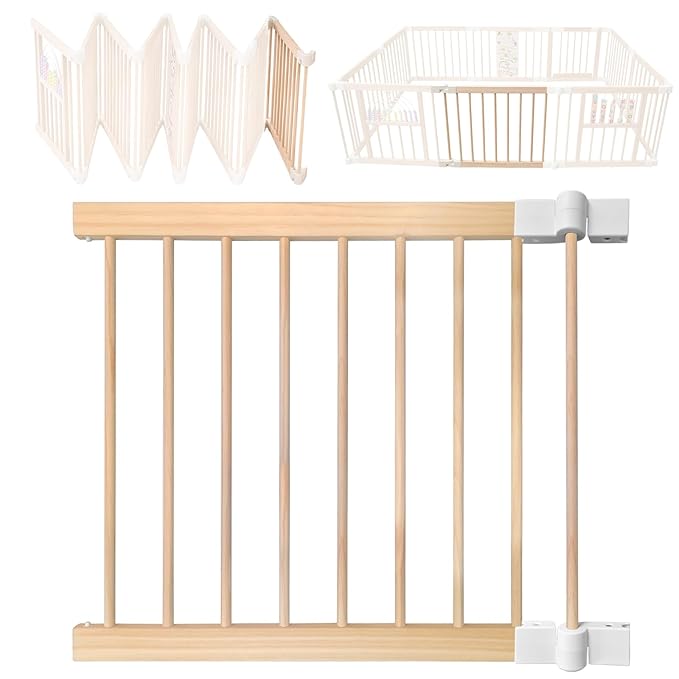 Infant and Toddler Wooden Playpen, Wooden Large Shape and Size Adjustable Play Pen, Playpen with Locking Door and Baby Activity Center (Single Panel with Connectors)