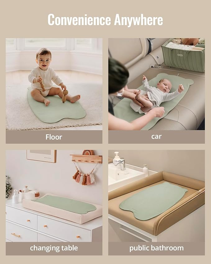 Blissful Diary Vegan Leather Portable Changing Pad, Wipeable & Waterproof Baby Change Mat in Diaper Bag, Travel Essential & Registry Gift, Light Green