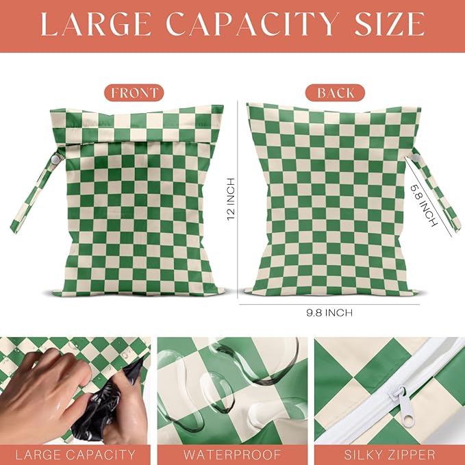4 Pack Cute Wet Bag Waterproof Washable Reusable Wet Dry Bag for Swimsuit Clothes Cloth Diaper Travel Beach Pool Yoga Gym Christmas Party Camping Toiletries Travel Beach Essentials, Green Checkered