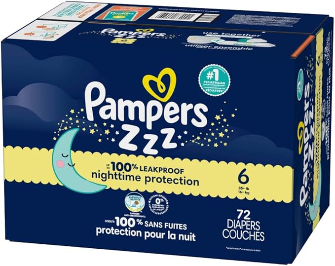 Pampers ZZZ Overnight Diapers, Size 6 (35+ lbs), 72 Count, Nighttime Protection Disposable Baby Diaper, Night Time Leak and Skin Protection