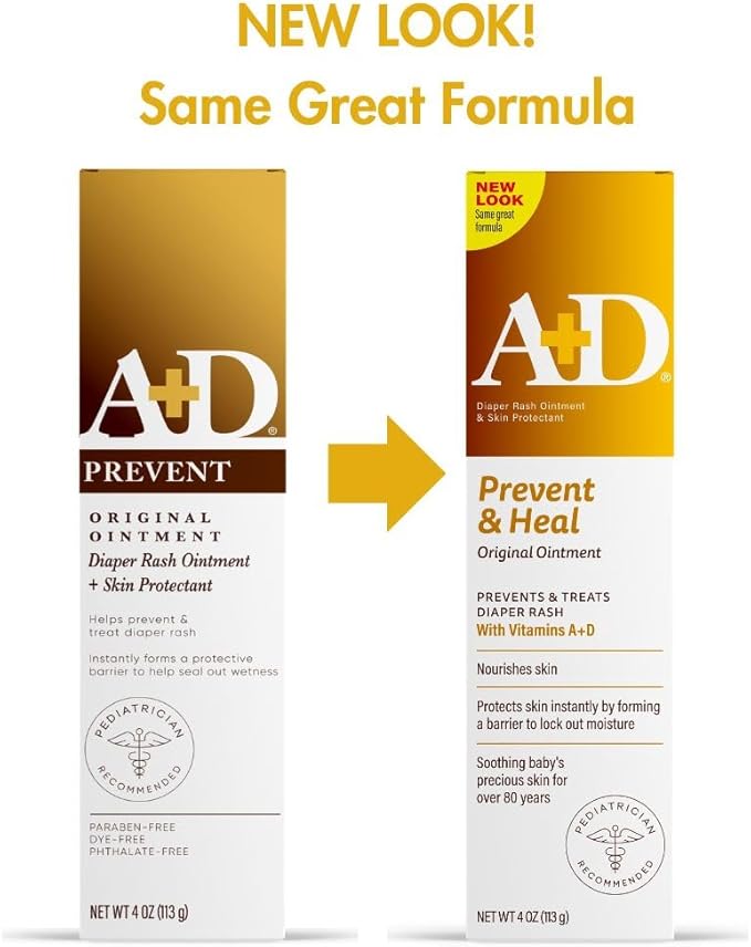 A+D Original Diaper Rash Ointment Prevents & Treats Diaper Rash, Moisturizing Skin Protectant with Vitamins A & D, Healing Skin Ointment for Dry and Cracked Skin 4oz