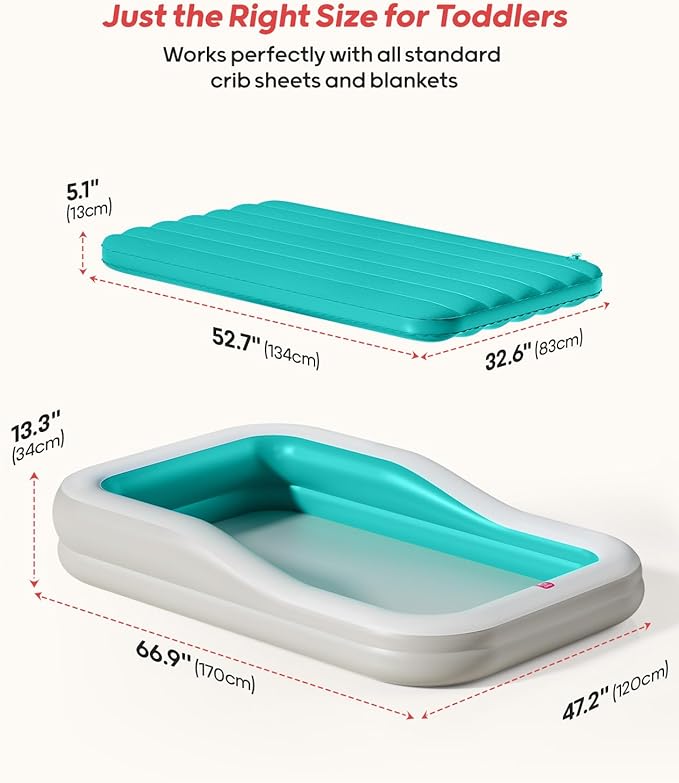 QPAU Inflatable Toddler Travel Bed with 3-Sided Safety Bumpers, Extra Large Kids Air Mattress, Includes Detachable Mattress, Portable for Camping, Travel, Home Use (Cyan)