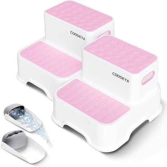 COOSEYA 2 Step Stools for Kids,Toddler Step Stool for Bathroom Sink,No-Slip Double up Stepping for Toddlers Bathroom, Multifunctional Toilet Potty Stool for Kids,Toilet Potty Training(2 Packs)（Pink）