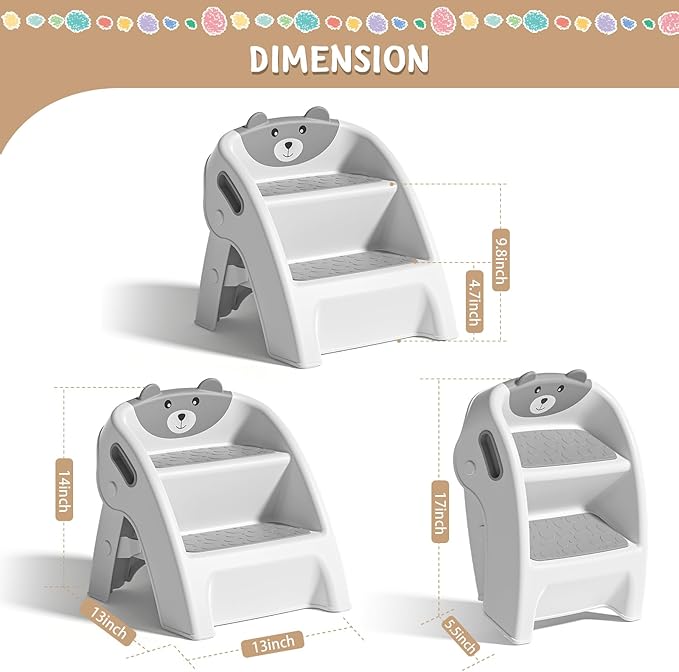 TPN Toddler Step Stool for Bathroom Sink and Potty Training Durable Anti-Slip,Anti-Tip A-Frame,10-Second Assembly, 2-Step Potty Stool with Wide Steps (Gray)