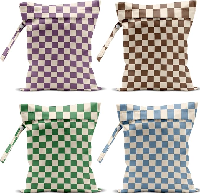 4 Pack Cute Wet Bag Waterproof Washable Reusable Wet Dry Bag for Swimsuit Dirty Clothes Cloth Diaper Travel Beach Pool Yoga Gym Party Camping Toiletries Travel Beach Essentials, Colorful Checkered
