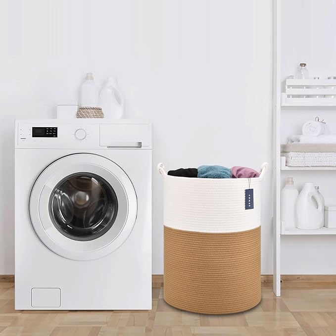 COMSE Extra Large Blanket Basket, Tall Woven Storage Basket, Nursery Hamper, 15.7”x 21.7”, Cotton Rope Laundry Hamper for Toys Clothes Towels, White/Camel