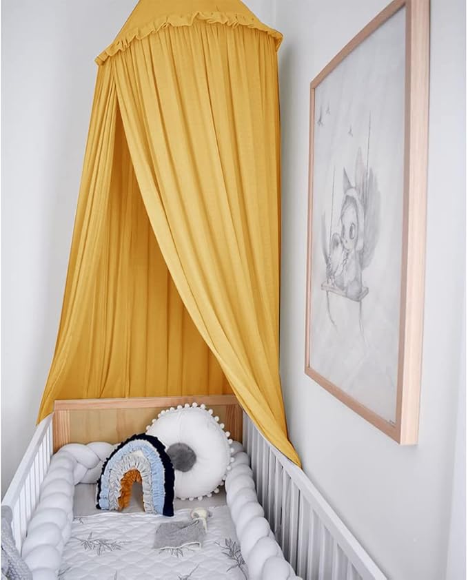 MAMERIA Kids Bed Canopy with Frills Cotton Cover Net for Baby Crib Reading Nook Curtain Hideaway Hanging Round Tent Nursery Bedding Play Room Decor (02CNP0002-YL)