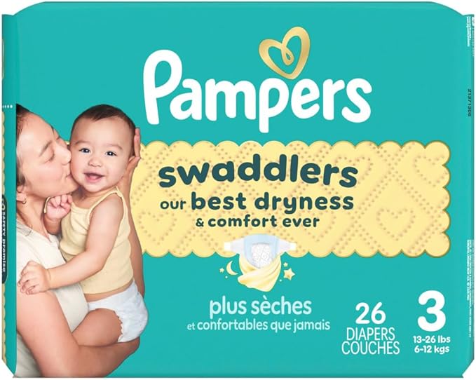 Pampers Swaddlers Diapers, Size 3 (13-26 lbs), 26 Count, Absorbent, Keeps Baby Dry and Comfortable, Skin Safe Disposable Baby Diaper (Packaging May Vary)