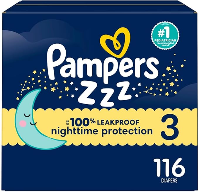 Pampers ZZZ Overnight Diapers, Size 3 (16-28 lbs), 116 Count, Nighttime Protection Disposable Baby Diaper, Night Time Leak and Skin Protection
