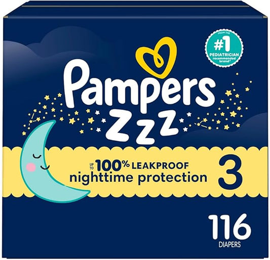 Pampers ZZZ Overnight Diapers, Size 3 (16-28 lbs), 116 Count, Nighttime Protection Disposable Baby Diaper, Night Time Leak and Skin Protection
