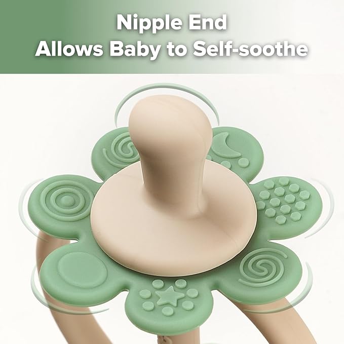 haakaa Silicone Baby Teether Toys,Nipple-Shaped End for Gum Massage,360° Baby Toothbrush Head for Self-Brushing Training,Easy to Grip-Pea Green