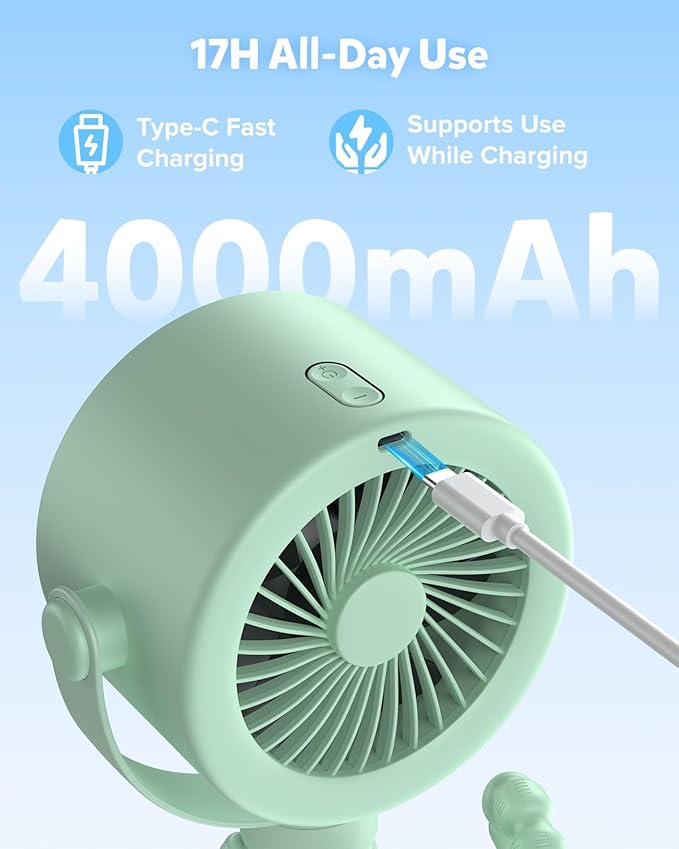 AMACOOL Baby Stroller Fan, Rechargeable Portable Clip on Fan, 17H Cooling with 5 Speeds, LED Display, 360°Rotate Personal Cooling Fans for Car Seat, Crib, Travel, Camping, Gifts for New Parents