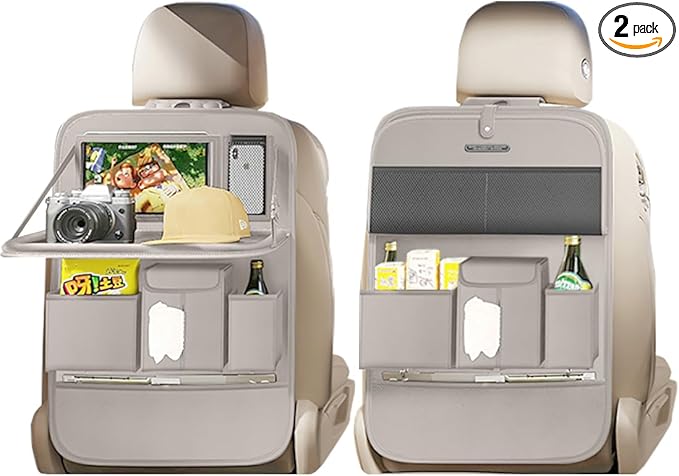 Car Seat Organizers,Multi-functional Back Seat Protectors, Storage Pouches, and Tray Holders (for Cars, Kids, Seat Back and Rear Seats) (Plain Gray, 2 Pcs)