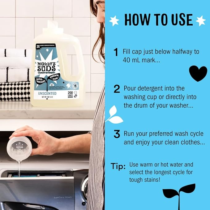 Molly's Suds Liquid Laundry Detergent | Clean Laundry Detergent Soap for Sensitive Skin | 2x Concentrated, High Efficiency (HE) (Peppermint - 200 Loads)