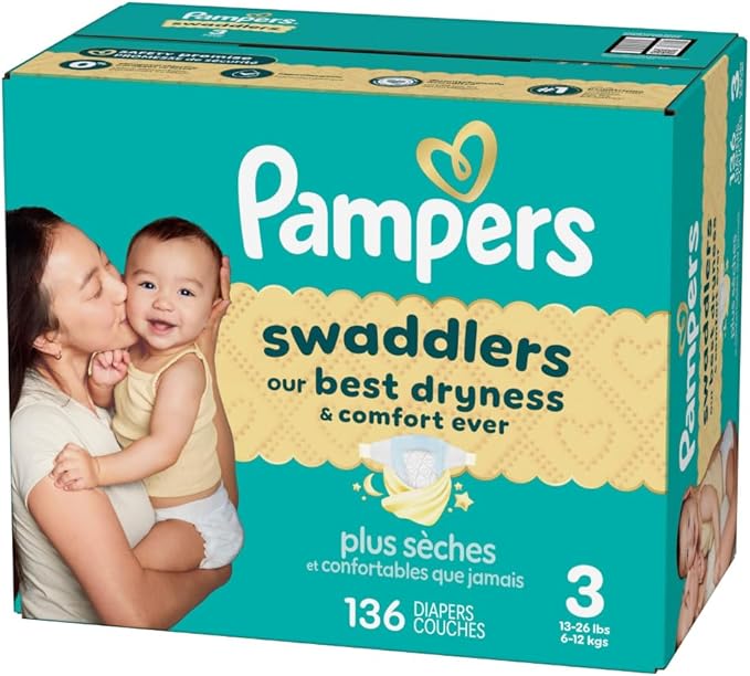 Pampers Swaddlers Diapers, Size 3 (13-26 lbs), 136 Count, Absorbent, Keeps Baby Dry and Comfortable, Skin Safe Disposable Baby Diaper (Packaging May Vary)