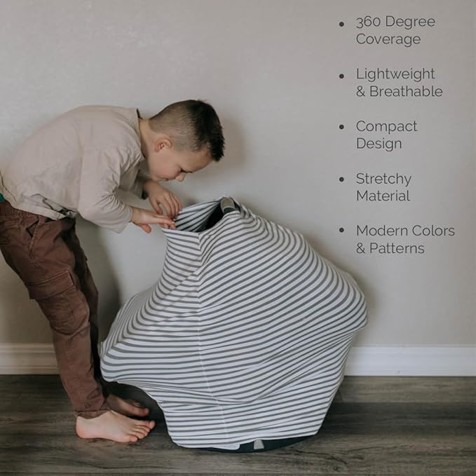 Parker Baby 4 in 1 Car Seat Cover for Girls and Boys - Stretchy Carseat Canopy, Nursing Cover, Grocery Cart Cover, High Chair Cover - Gray/White Stripes