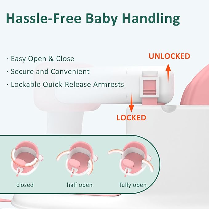 Baby Bath Seat for Babies 6 Months & Up, 360°Protection Bath Seats for Babies Sitting Up, Lockable Armrests, Non-Slip Comfortable Toddler Bath Seat with Soft Cushion