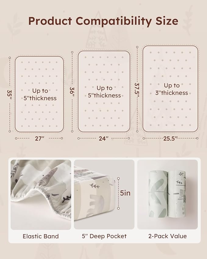 Yoofoss Baby Pack and Play Sheets 2 Pack for Boys and Girls - 38x26 Mini Crib Sheets Fitted Neutral Compatible with Graco Pack n Play Mattress,Ultra Soft Breathable Microfiber Forest Bear