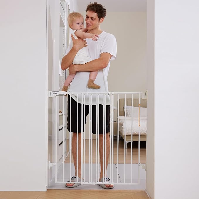 Babelio Baby Gate for Stairs, Kitchen & Doorways, 26-41" W 34" H Extra Tall| No Bottom Bar| Easy Installation| One-Handed Operation| Auto-Close| Hardware Mount Safety Dog/Pet Gate Indoor (White)