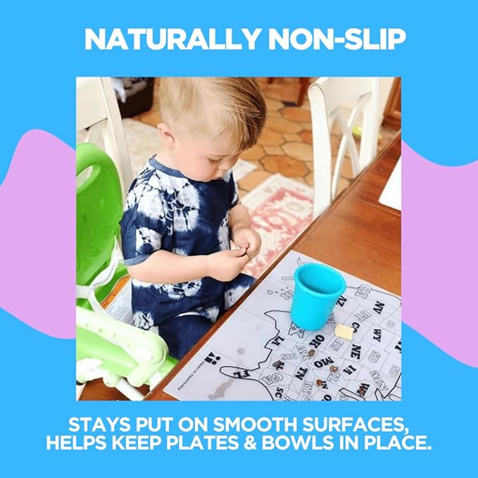 Reusable Silicone Toddler Placemat for Dining Table and Travel, a Foldable, Non-Slip Kids Learning Mat with USA Map, Easy to Clean BPA Free Feeding Essential by a Mom Founded Brand
