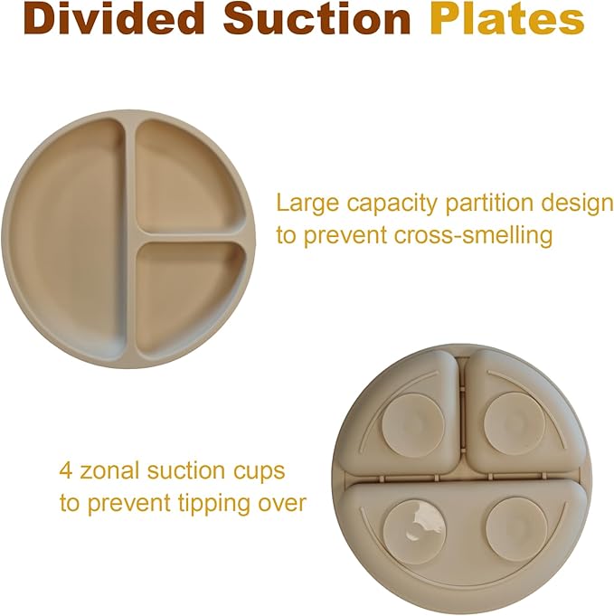 24 PCS Silicone Baby Feeding Set, Baby Led Weaning Supplies Includes Suction Bowls and Divided Plates, Adjustable Silicone Bib, Spoons&forks, Training cup with straw (Green+Blue+Beige)