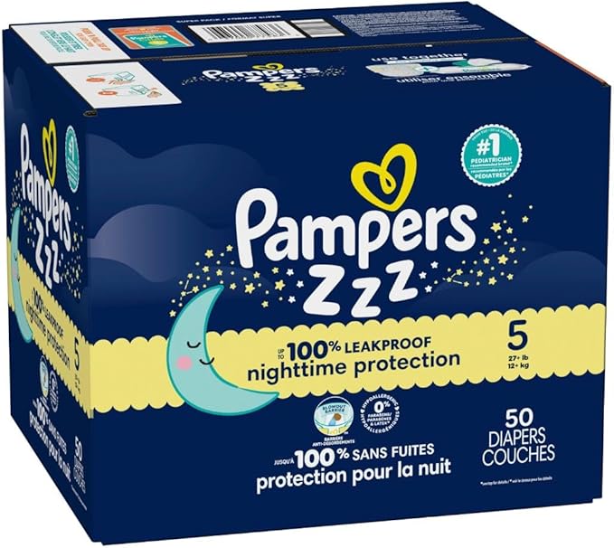 Pampers ZZZ Overnight Diapers, Size 5 (27+ lbs), 50 Count, Nighttime Protection Disposable Baby Diaper, Night Time Leak and Skin Protection