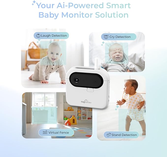 Tiny Traveler Ai Smart Wireless Baby Car Monitor with Travel Kit & Power Bank - AI-Powered Safety Alerts Detection, Virtual Fence, Long Range 1000ft Night Vision Lullabies Night Light - White