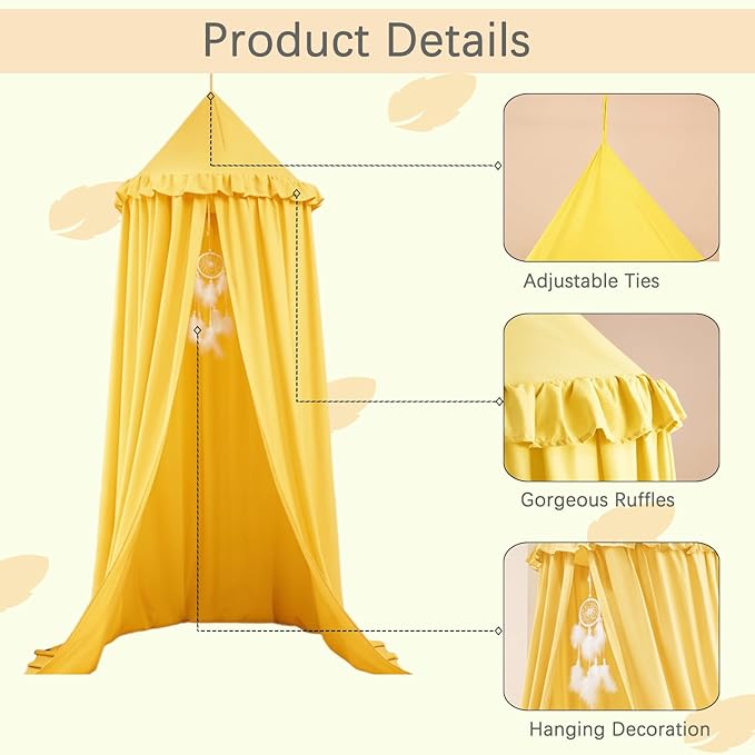 Akiky Kids Bed Canopy for Crib & Twin Size with Ruffles Dreamcatcher, Boys Princess Girls Nursery Room Decor Toddler Baby Dome Round Hanging Tent Curtains Skirt Over Bed Reading Nook Play Yellow