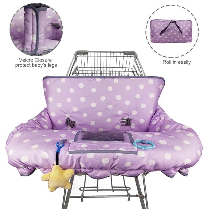 Shopping Cart Cover for Baby boy Girl, Multi-in-1 Cart Covers for Babies, Infant High Chair Cover, Machine Washable, Soft Padded Grocery cart seat Cushion Cover, Purple dot