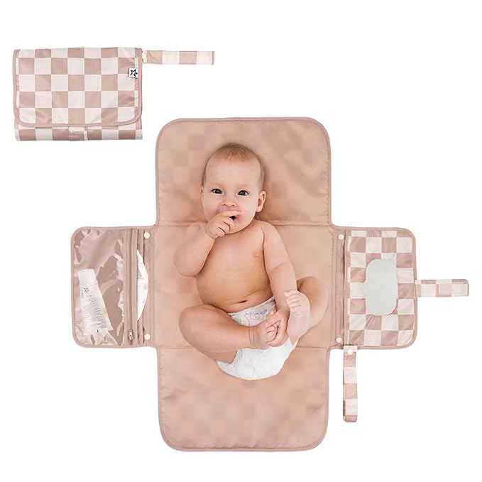 Tiny Twinkle Portable Diaper Changing Pad – Foldable, Waterproof & Compact Travel Changing Mat with Storage | Smart Wipes Pocket for On-The-Go Parents(Beige Checkers)