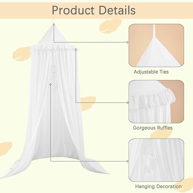 Akiky Kids Bed Canopy for Crib & Twin Size with Ruffles Dreamcatcher, Boys Princess Girls Nursery Room Decor Toddler Baby Dome Round Hanging Tent Curtains Skirt Over Bed Reading Nook Play Tents White