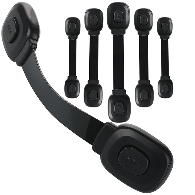 Fursafe&Q Cabinet Locks Baby Proofing, Child Safety Strap Locks Adhesive Black - Child Proof Fridge Lock Drawer Door Toilet Latches No Drill Multi-Purpose for Furniture Kitchen Lock