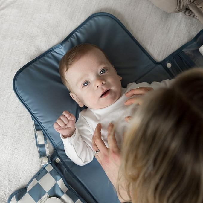 Tiny Twinkle Portable Diaper Changing Pad – Foldable, Waterproof & Compact Travel Changing Mat with Storage | Smart Wipes Pocket for On-The-Go Parents(Blue Checkers)