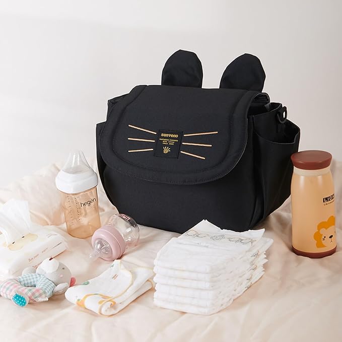SUNVENO Kitty Stroller Organizer Bag – Universal Baby Stroller Caddy with 2 Cup Holders, Adjustable Straps, Waterproof Oxford, Lightweight Travel Accessory for Strollers, Prams & Pushchairs,Black