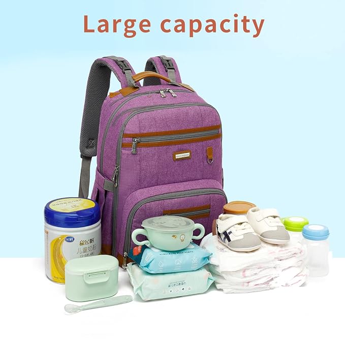 Diaper Bag Backpack, Large Baby Nappy Bags with Portable Changing Pad for Boys and GirlsMultifunction Travel Baby Bag for Moms Dads, Shower Gifts Waterproof and Stylish，Purple