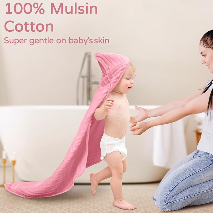 Yoofoss Hooded Baby Towels for Newborn 2 Pack 100% Muslin Organic Cotton Baby Bath Towel with Hood for Babies, Infant, Toddler and Kids, 32x32Inch, Soft and Absorbent Newborn Essential,White and Pink