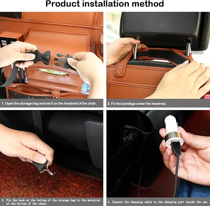 Popular Items Car Seat Back Pocket, Rear Seat Storage, Stain Proof, Car Storage Pocket, Seat Back Pocket, Premium Waterproof PU Car Seat Back Organizer（Black with USB）