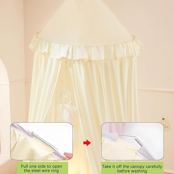Akiky Kids Bed Canopy for Crib & Twin Size with Ruffles Dreamcatcher, Princess Girls Nursery Room Decor Toddler Baby Dome Round Hanging Tent Curtains Skirt Over Bed Reading Nook Play Tents Ivory