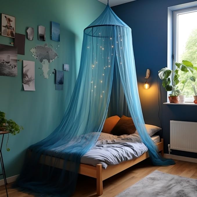 Blue Canopy for Girls Bed - Princess Mosquito Net Room Decor - Kids & Baby Bedroom Tent - 1 Opening Canopy Bed & Hanging Kit Included