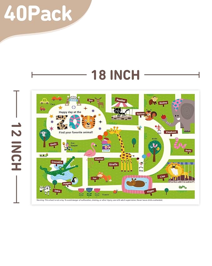 Babebay Disposable Stick-on Placemats 40 Pack for Baby & Kids & Toddler, Sticky Placemats Restaurant Table Mats 12" x 18" (Happy Zoo)