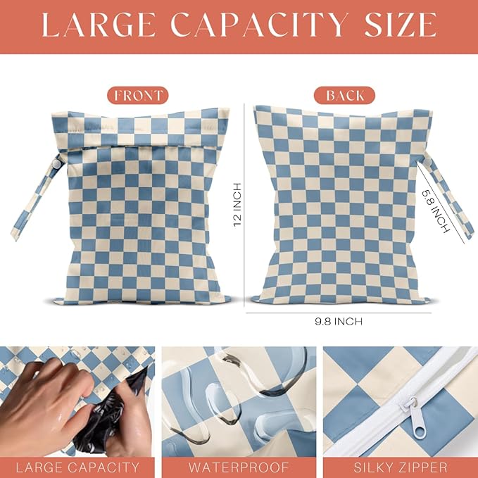 4 Pack Cute Wet Bag Waterproof Washable Reusable Wet Dry Bag for Swimsuit Clothes Cloth Diaper Travel Beach Pool Yoga Gym Birthday Party Camping Toiletries Travel Beach Essentials Blue Checkered
