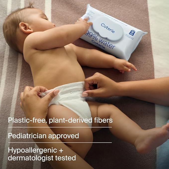 Coterie Baby Wipes for Sensitive Skin, Plant-Based and Plastic-Free Fibers, 99% Water, Hypoallergenic, pH Balanced, Unscented, Clean and Gentle Baby Essentials, 16 Pack, 896 Count