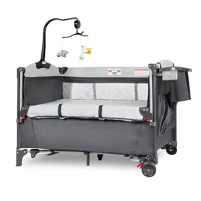 5-in-1 Pack and Play, Baby Bassinet Bedside Sleeper with U-Shaped Diaper Changer, Portable Toddler Playard for Newborn Toddlers, Baby Crib with 4 Adjustable Height, Carry Bag,Easy to Install (Grey)