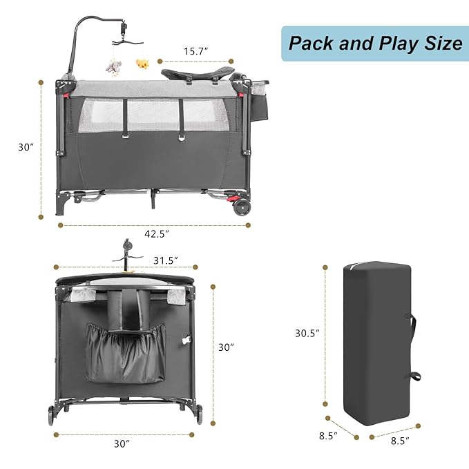5-in-1 Pack and Play, Baby Bassinet Bedside Sleeper with U-Shaped Diaper Changer, Portable Toddler Playard for Newborn Toddlers, Baby Crib with 4 Adjustable Height, Carry Bag,Easy to Install (Grey)