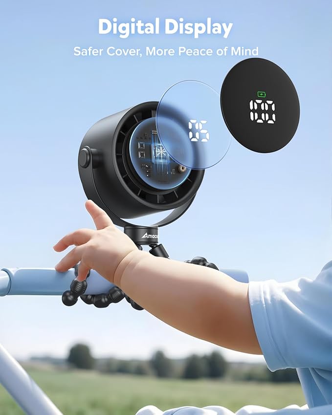 AMACOOL Baby Stroller Fan, Rechargeable Portable Clip on Fan, 17H Cooling with 5 Speeds, LED Display, 360°Rotate Personal Cooling Fans for Car Seat, Crib, Travel, Camping, Gifts for New Parents